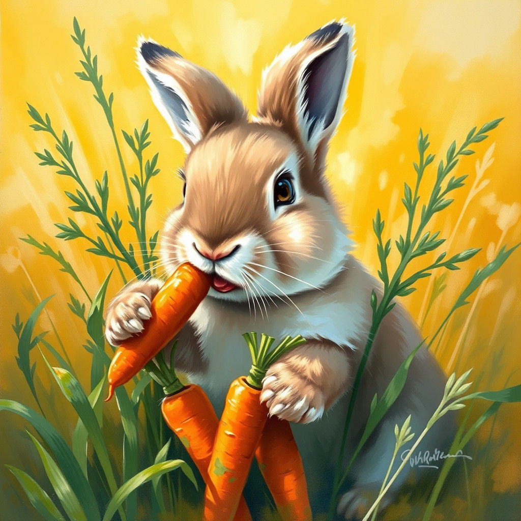 Fluffy Bunny Munching Carrots in Impressionist Style
