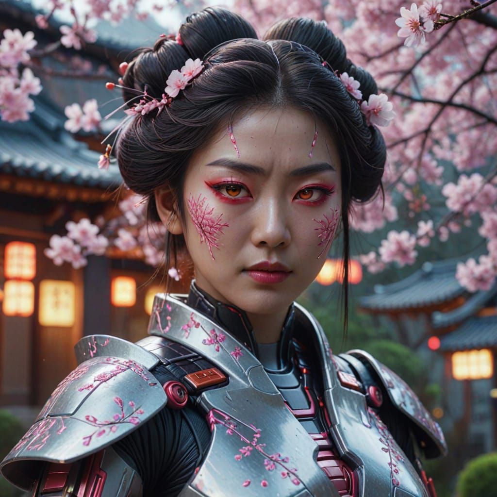 Cyborg Geisha Weeping in a Futuristic Garden