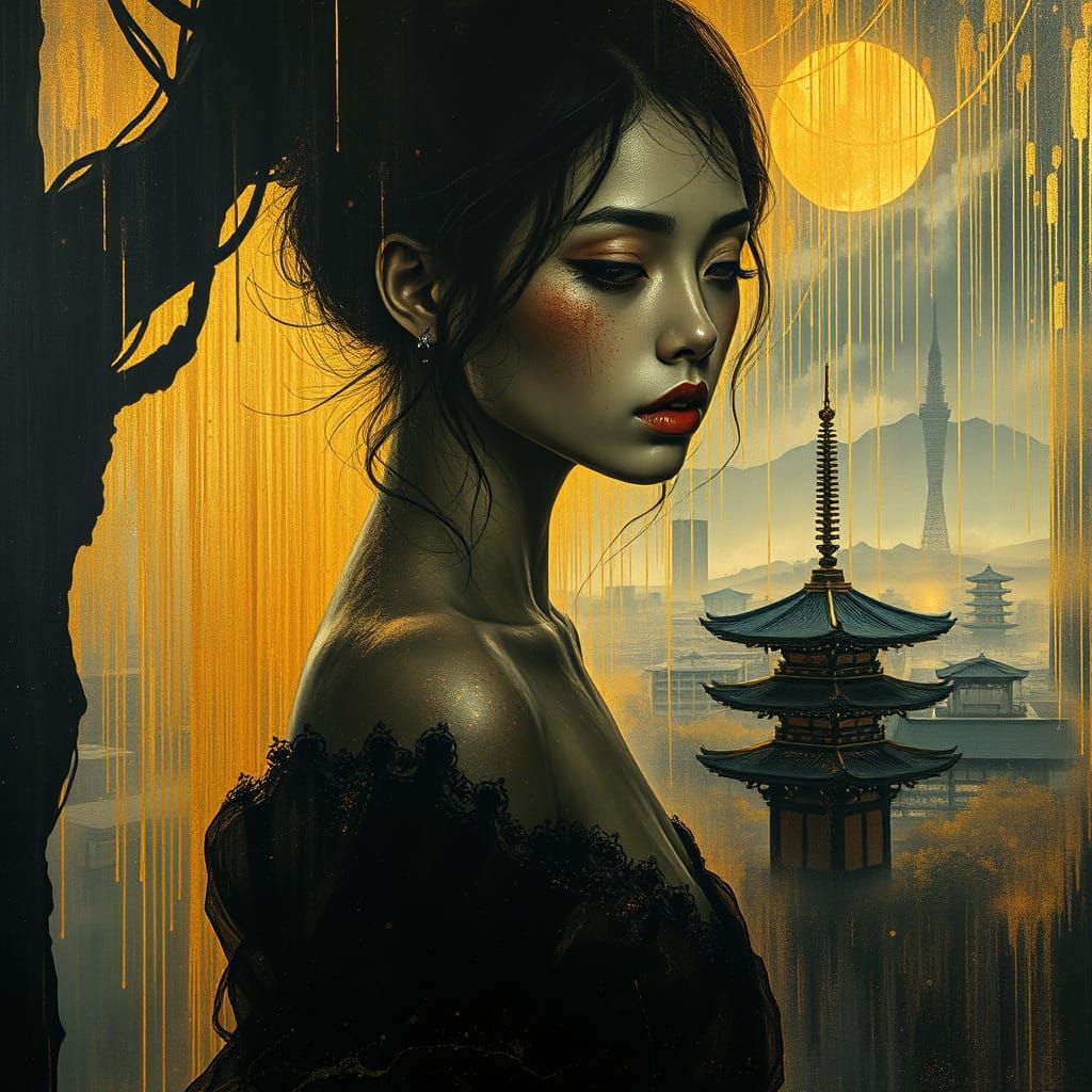 Ethereal Woman in Edo Dreamscape Painting