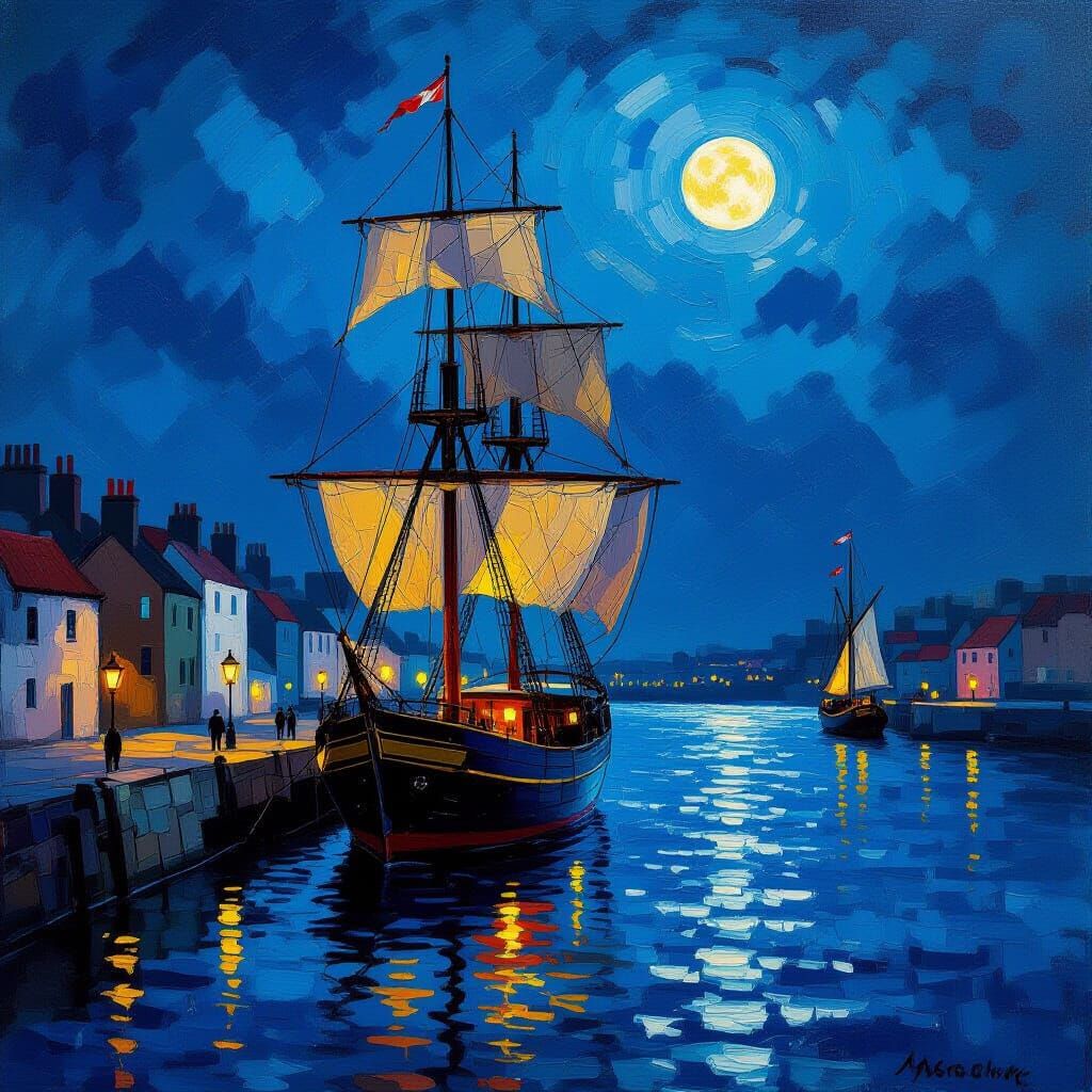 Tall Ship at Whitby Harbour in Neo-Impressionist Style