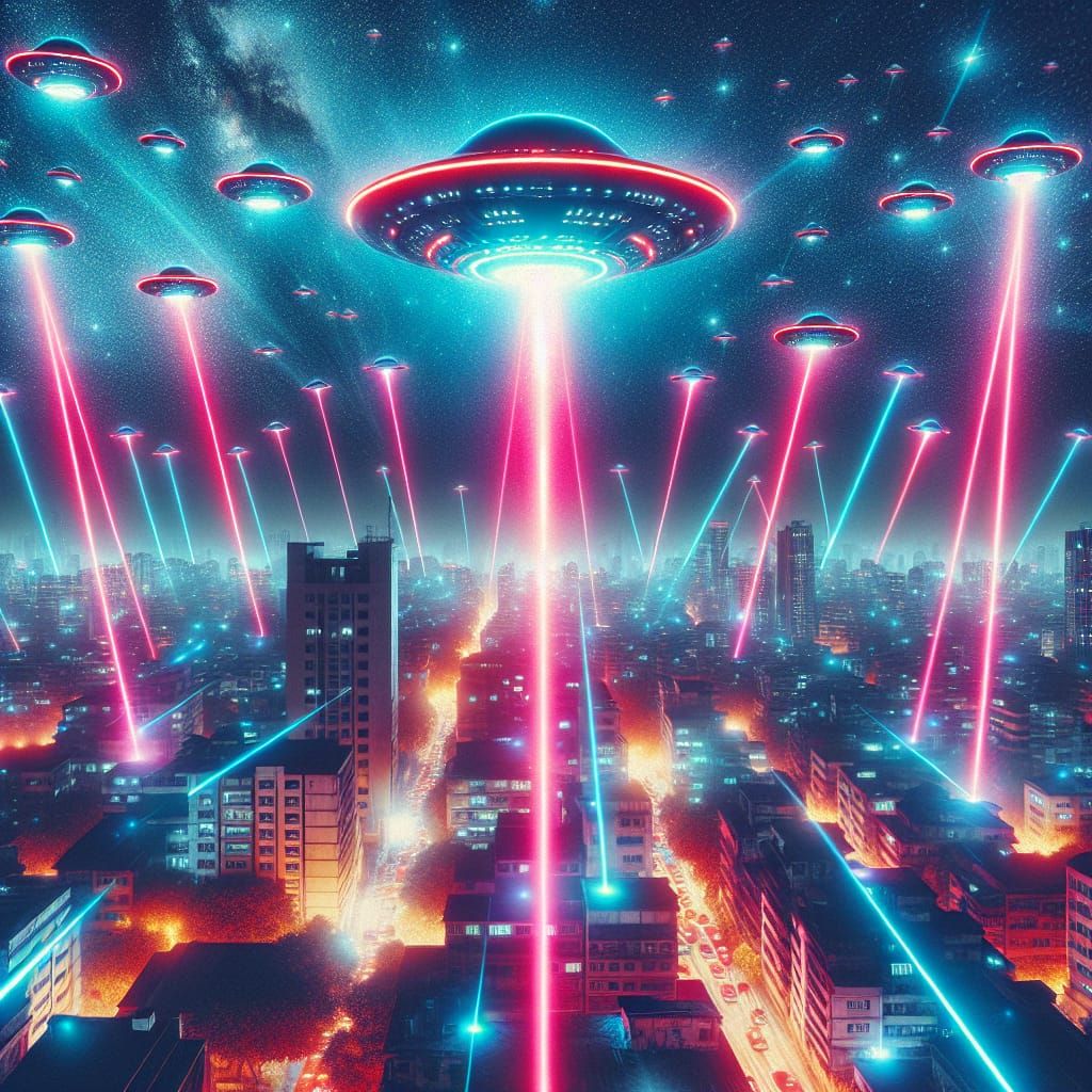 Surreal Cityscape Under Siege by Celestial Beings in Hyperre...
