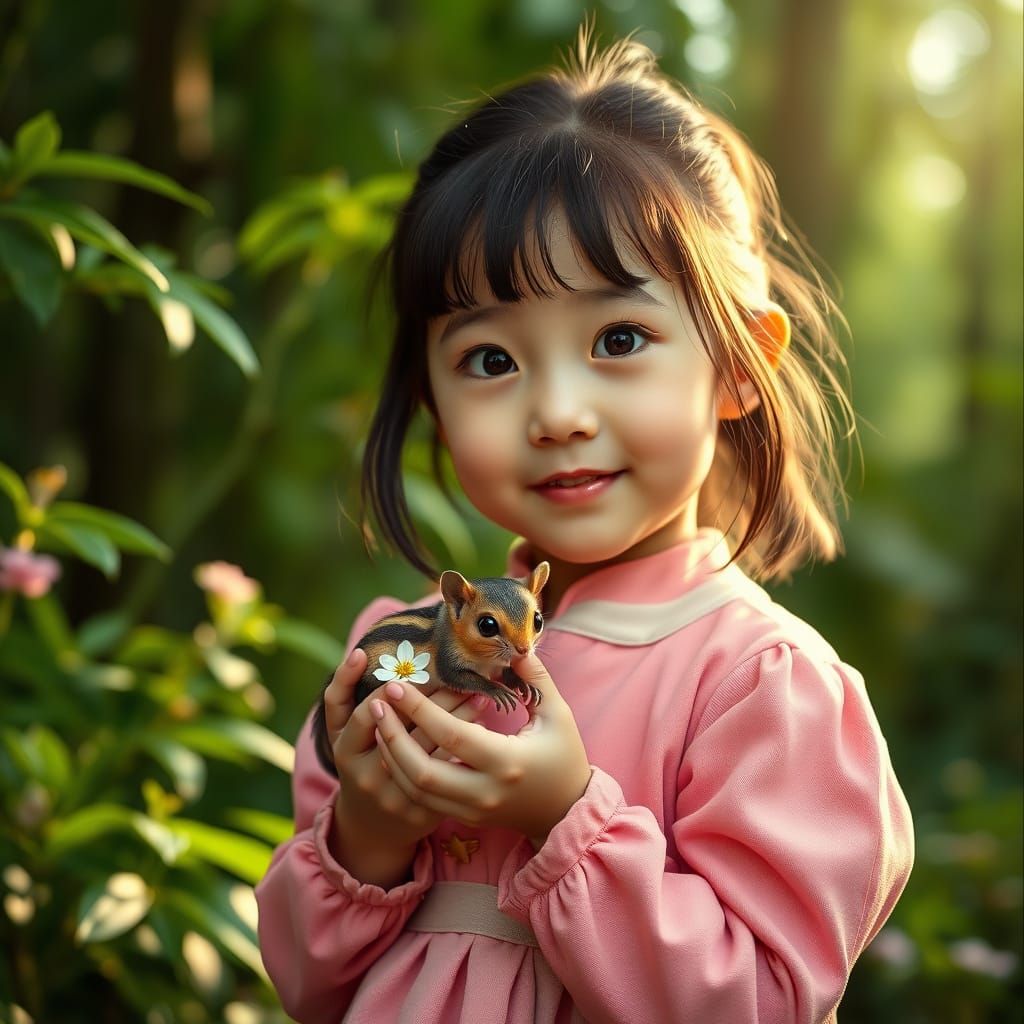 Little Girl Surrounded by Forest Wonder, Holding a Tiny Flyi...