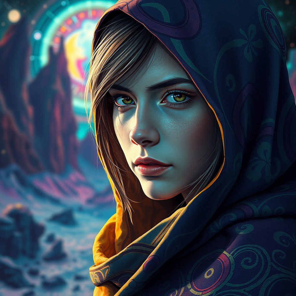 Woman in Cloak: Hyperrealistic Sci-Fi Splash Art