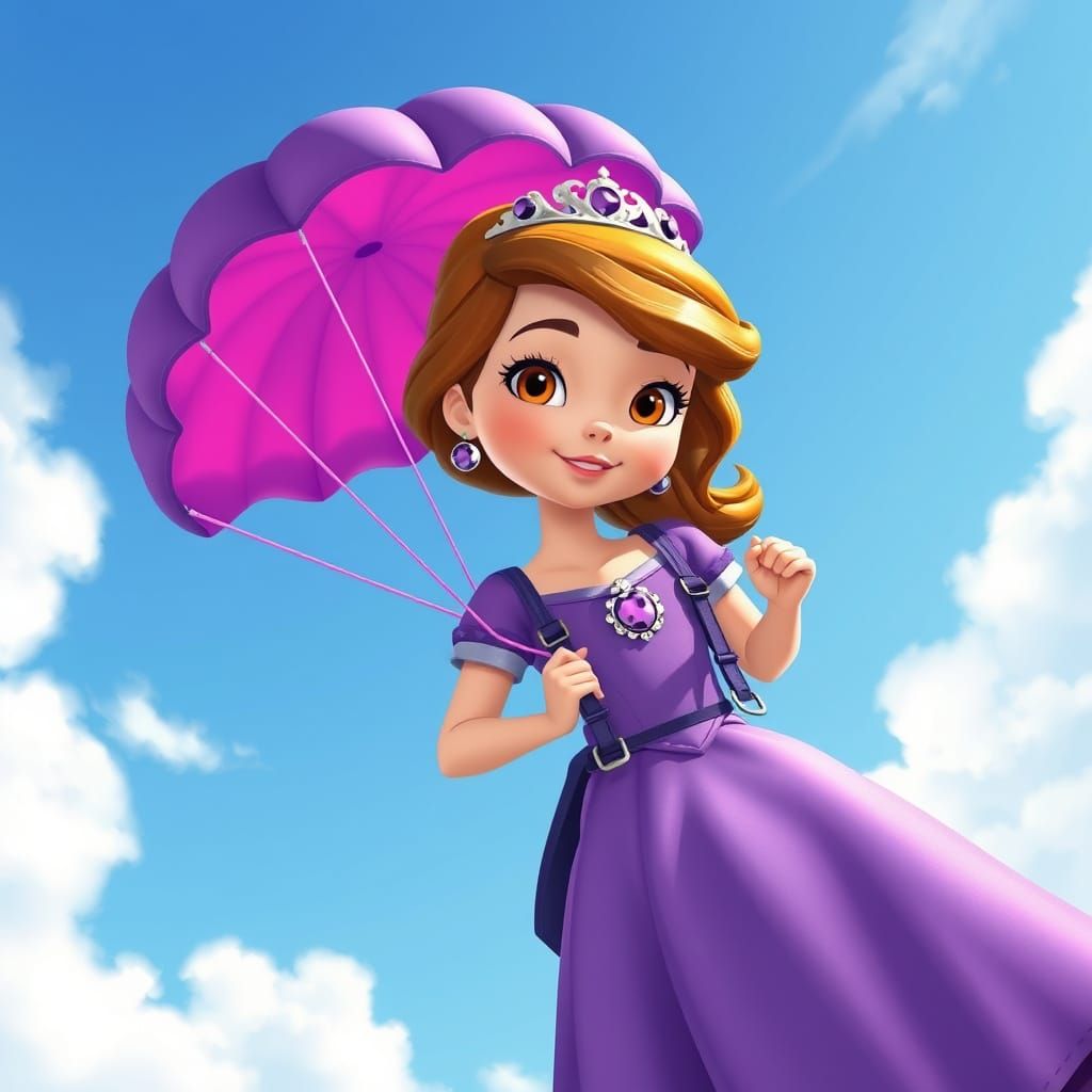 Princess Sofia Skydiving in Whimsical Disney Style