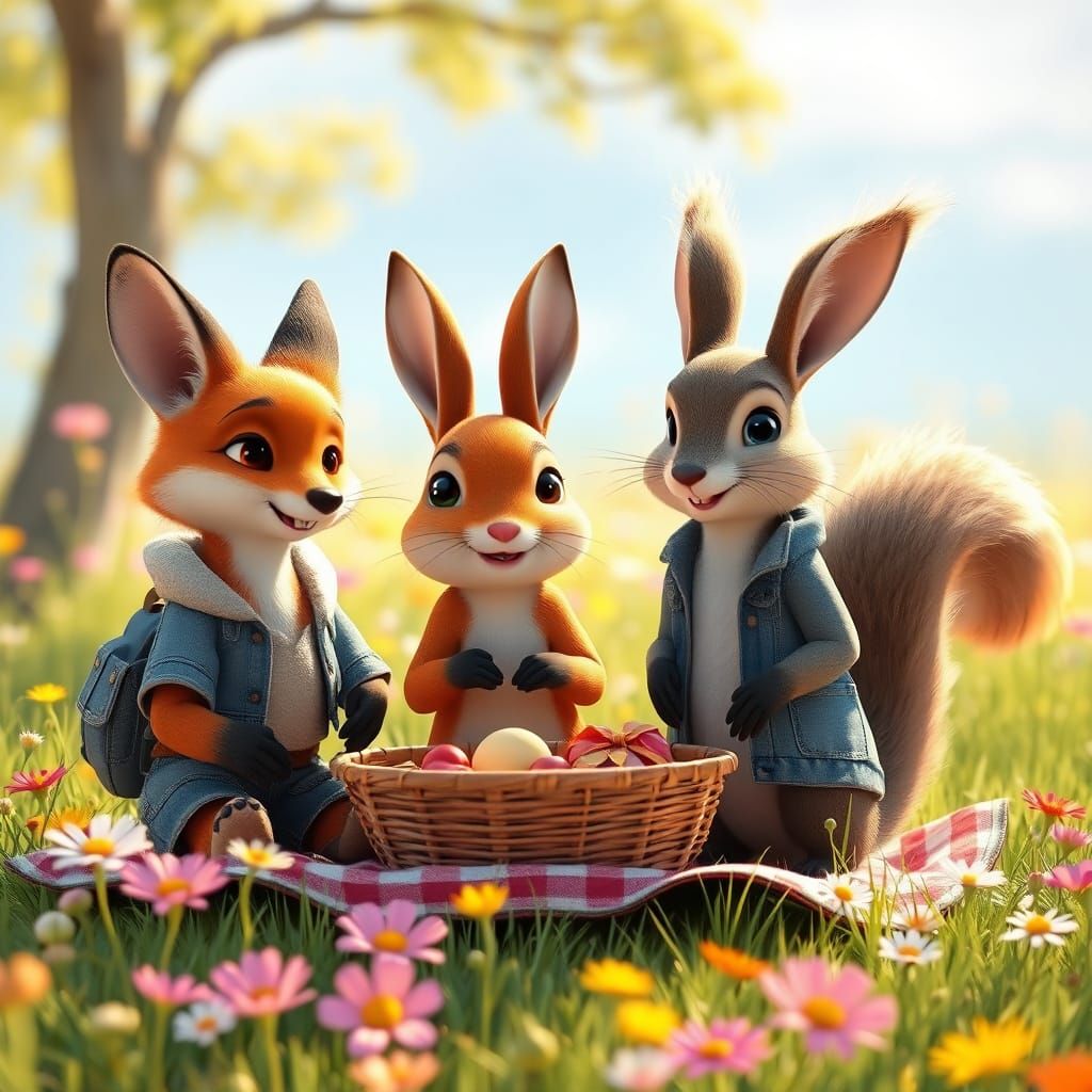 Animal Friends Picnic in Sunny Meadow, 3D Animation