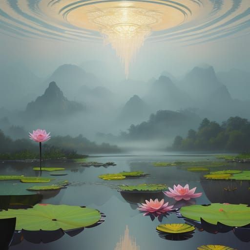 Serene Lotus Bloom at Dawn in Whimsical Watercolor Style