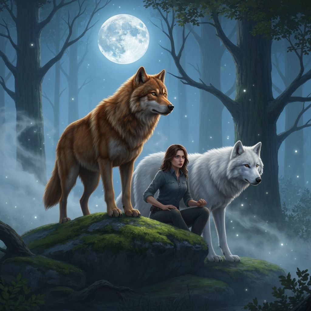Wolf Pack Alpha and Beta With Human in Moonlit Forest