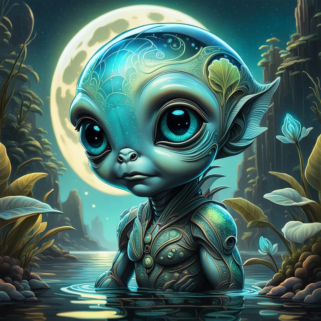 Art Deco Alien Baby with Bioluminescent Details