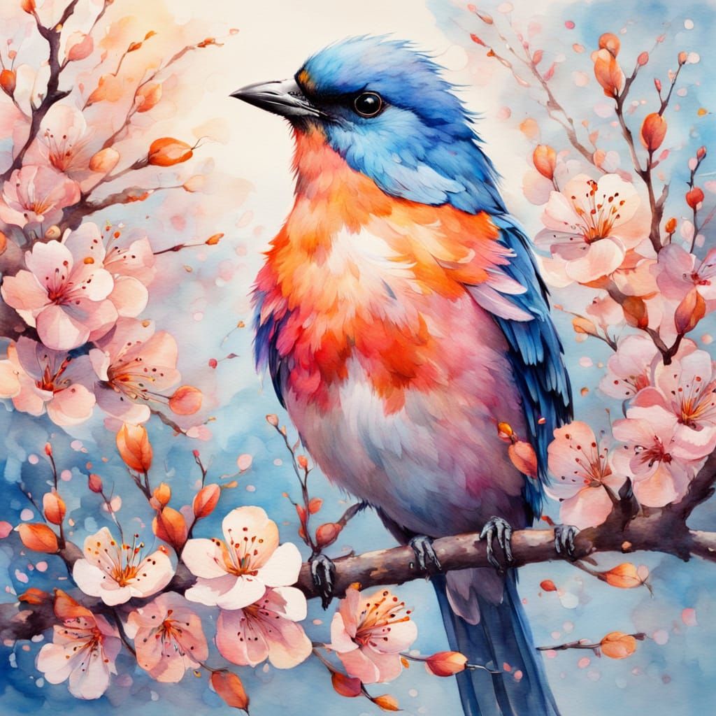 Vibrant Bird on Cherry Blossom Branch in Watercolor Style