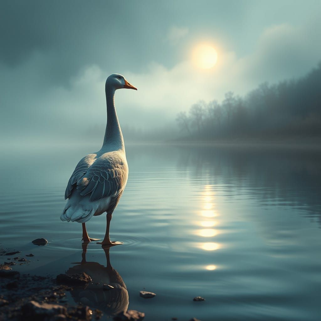 Serene Goose in Ethereal Lake Reflection