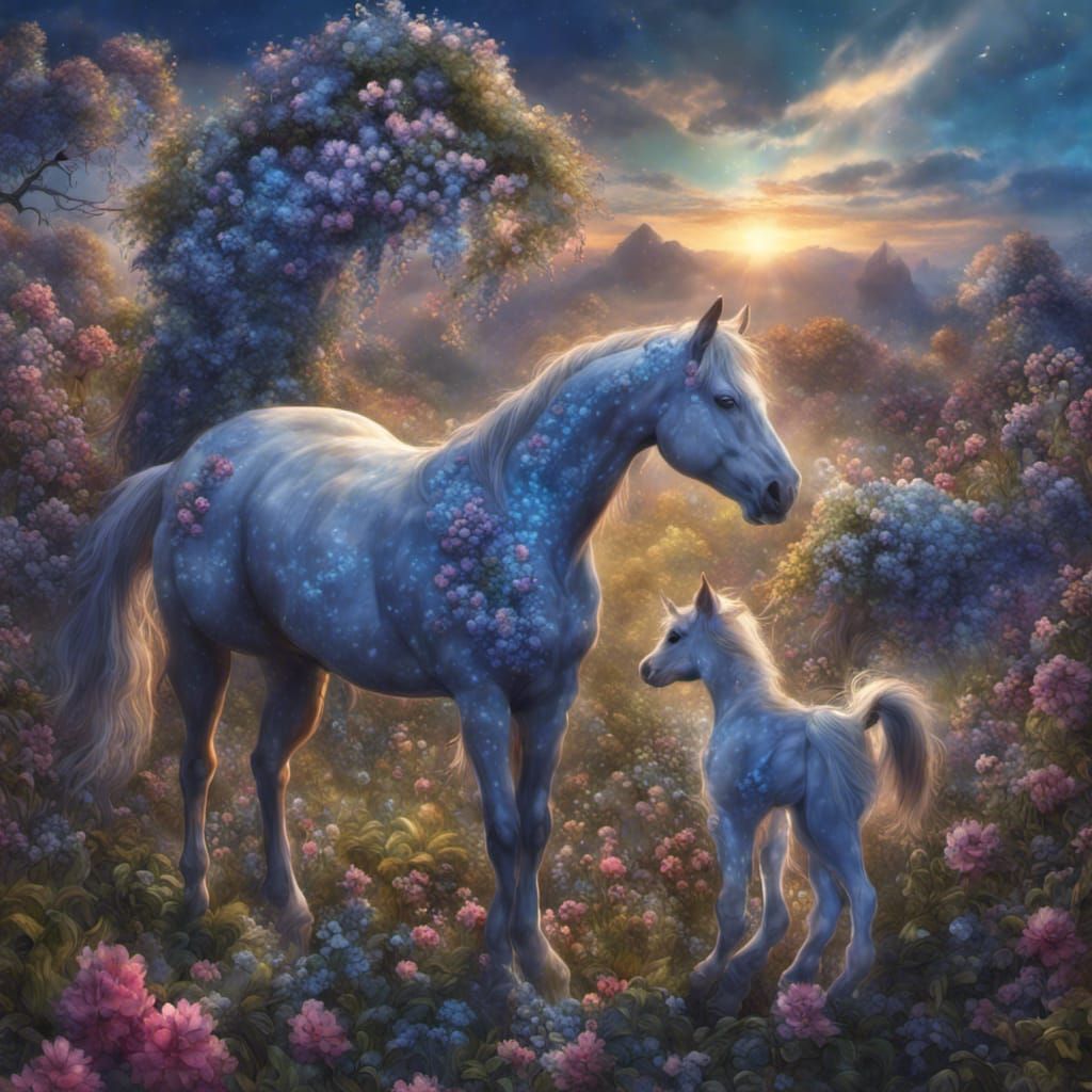 Fantasy Horse Foal with Puppy and Kitten in Ink Splatter Sty...