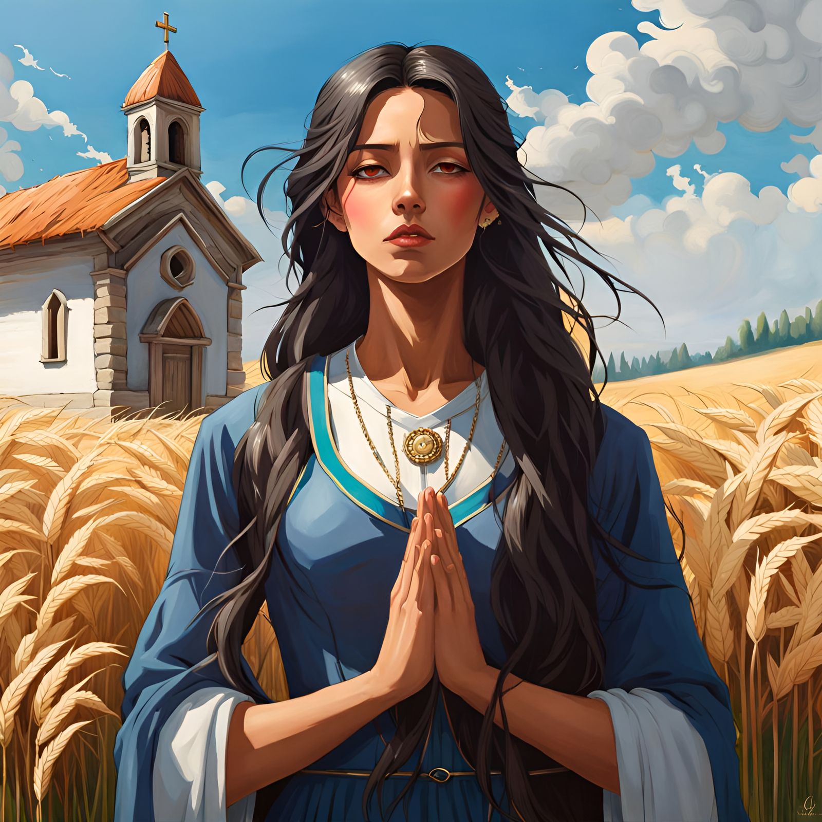 Italian Woman Praying in Summer Field: Gothic Art