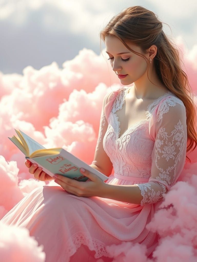 Serene Young Woman in Ethereal Pink Clouds