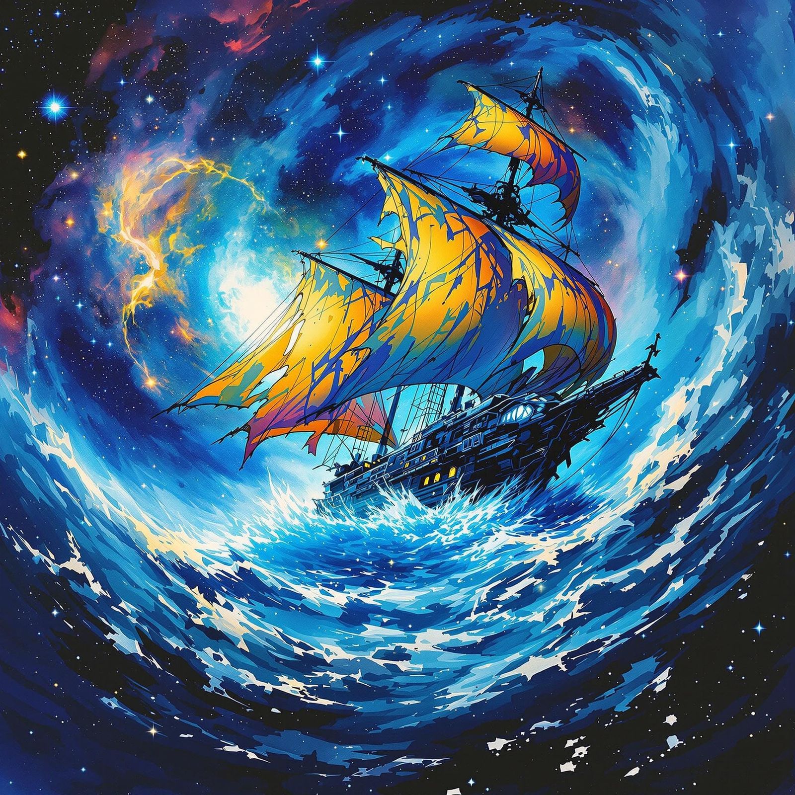 Ghost Ship Sailing Through Nebula Storm in Anime Style