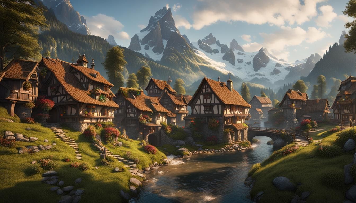 Detailed Swiss Village in Fantasy Concept Art