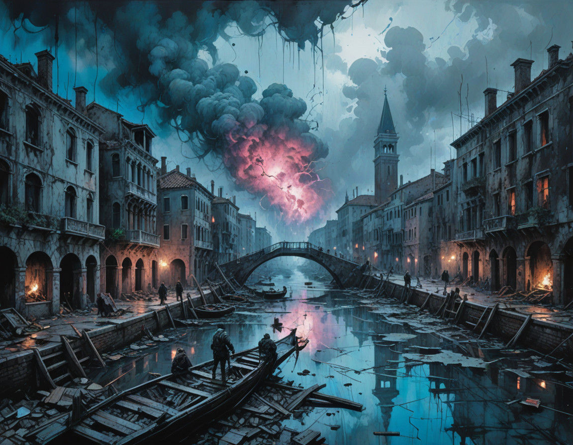 Dystopian Ruin of Venice in Electric Blue and Charcoal Gray