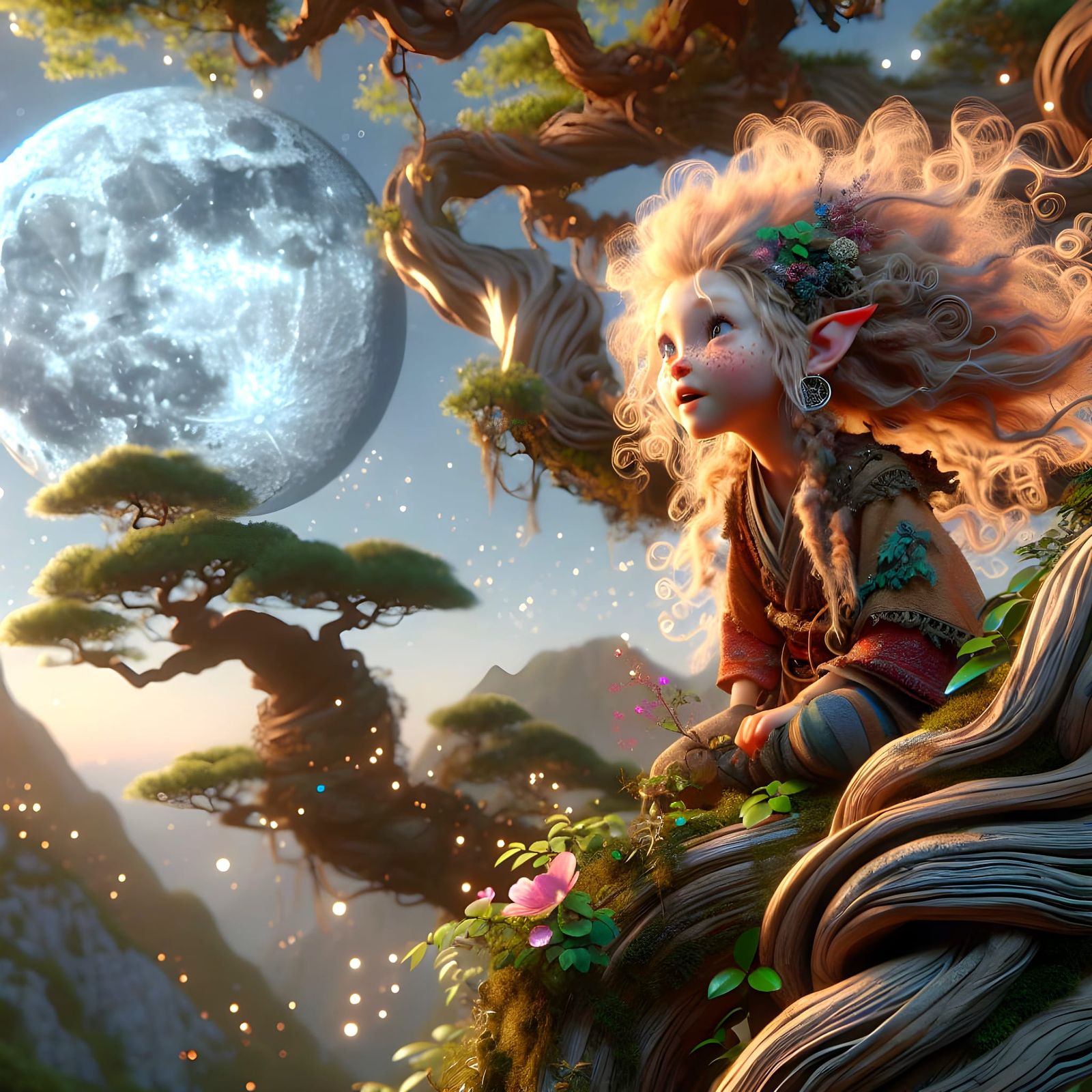 Dreamlike Elf in Moonlit Tree Scene