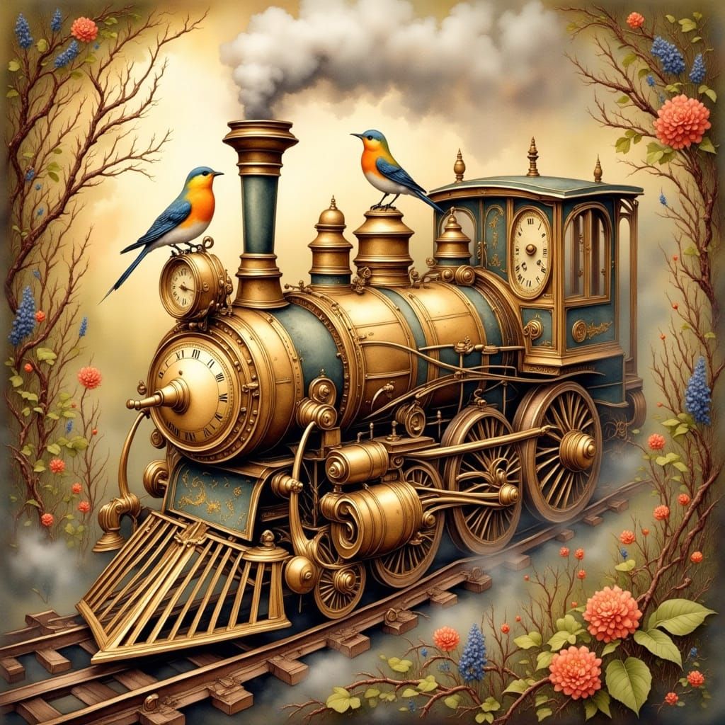 Whimsical Clockwork Train in Golden Hour Light
