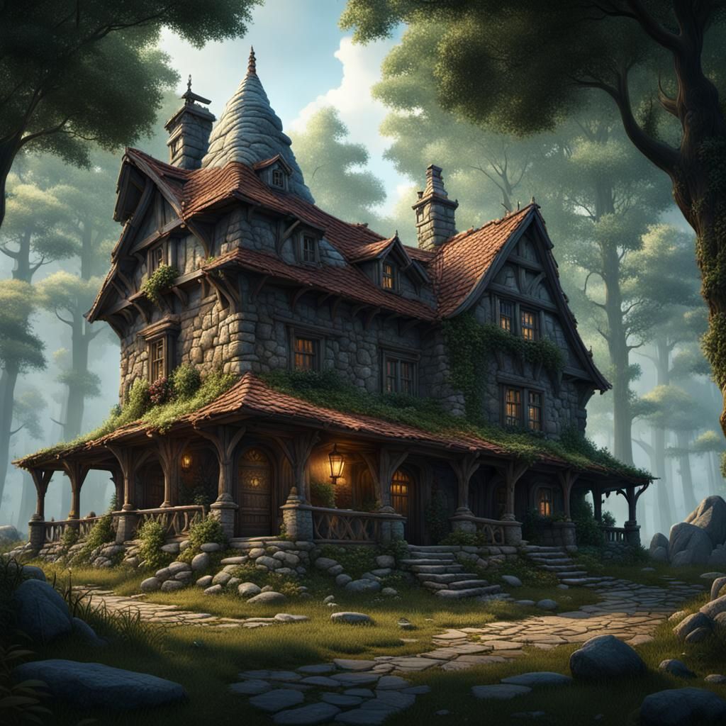 Stone Inn in Forest Clearing: Detailed Matte Painting