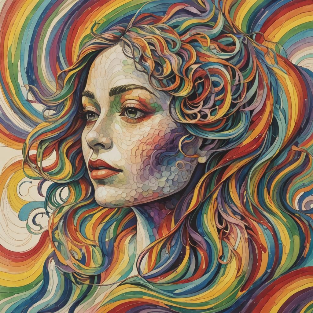 Abstract Mermaid Biting Rainbow in Optical Art Style