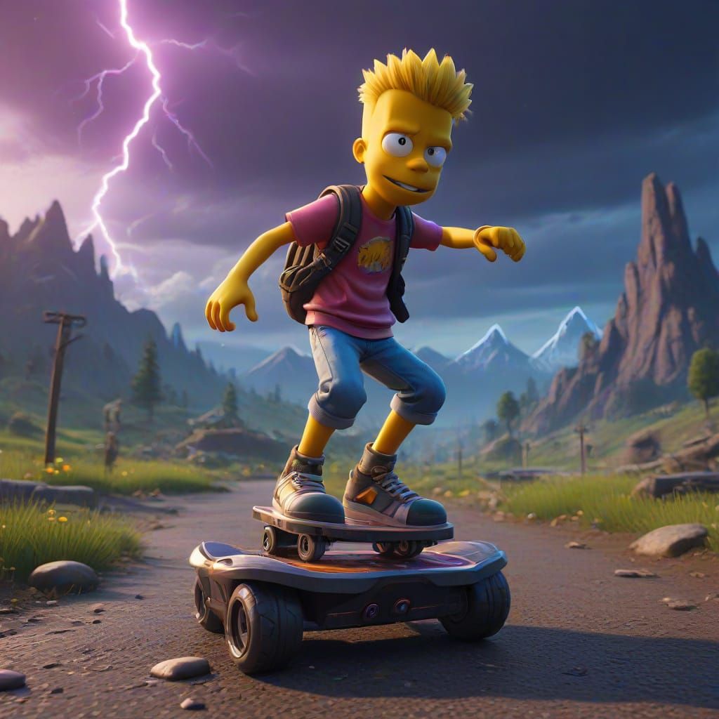 Bart Simpson on Hoverboard in Fortnite Landscape