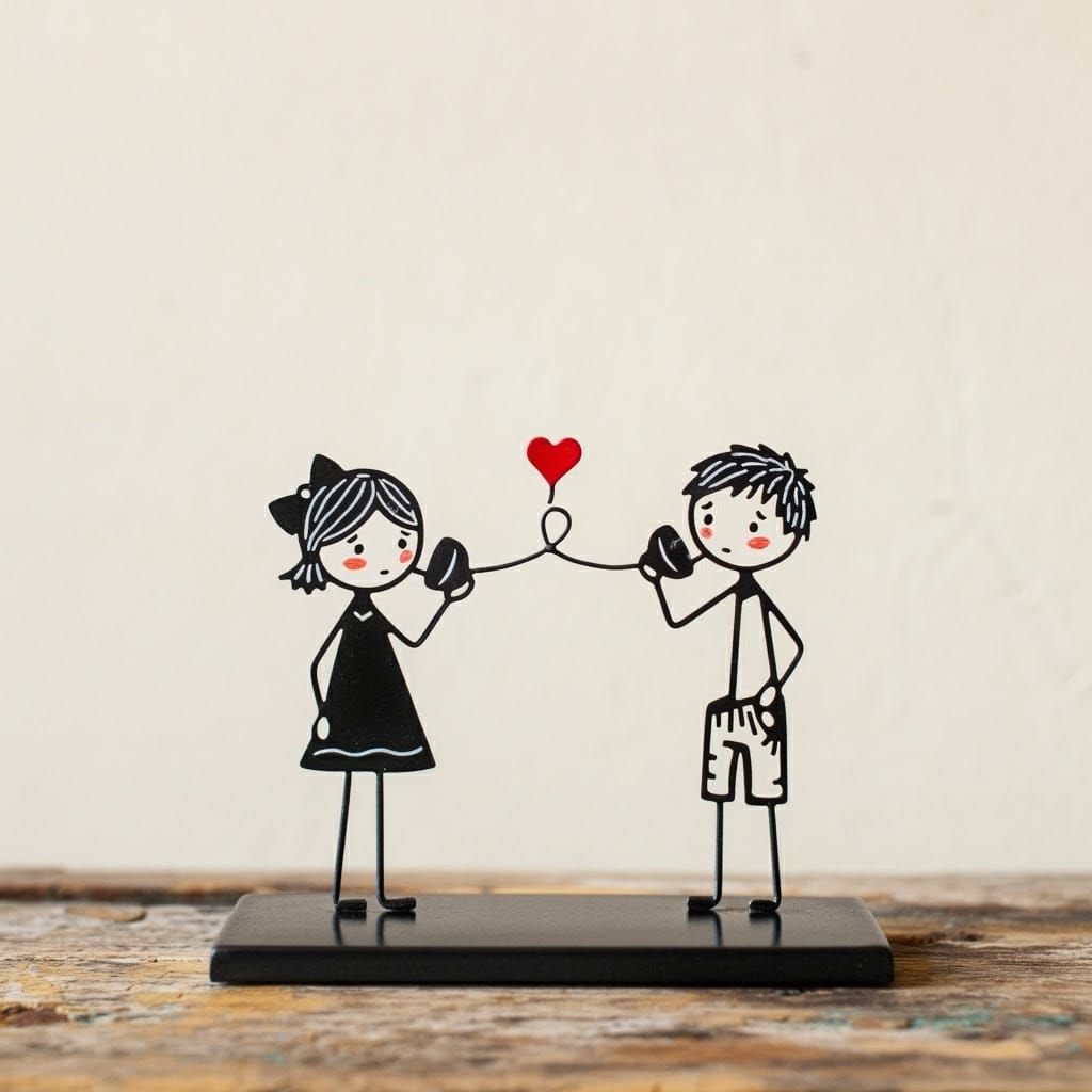 Delicate Stick-Figure Duo in Vintage Tin Can Telephone Sculp...