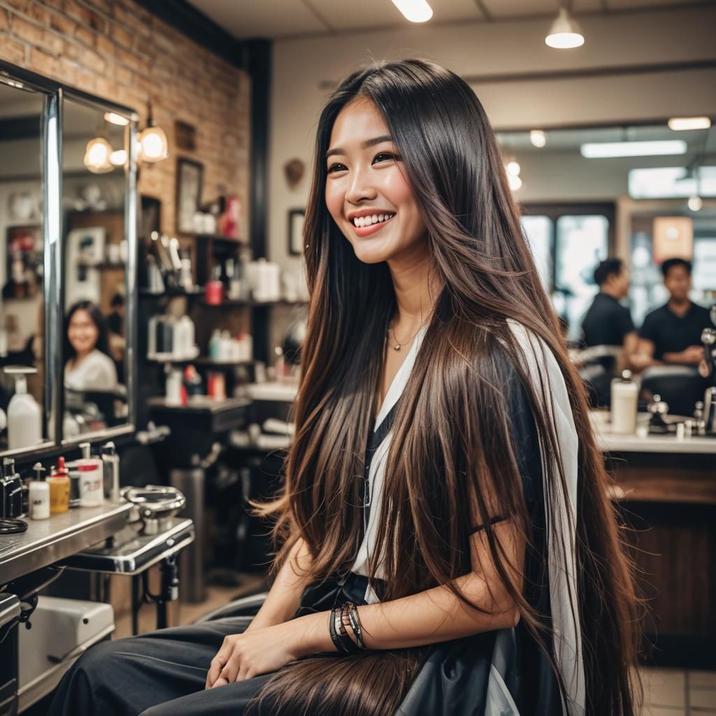 Smiling Woman with Long Hair at Barbershop