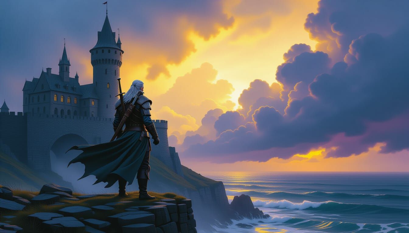 The Witcher on Seaside Cliff in Dramatic Storm