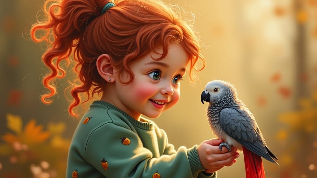 Girl with Parrot: Whimsical Oil Painting in Autumnal Hues