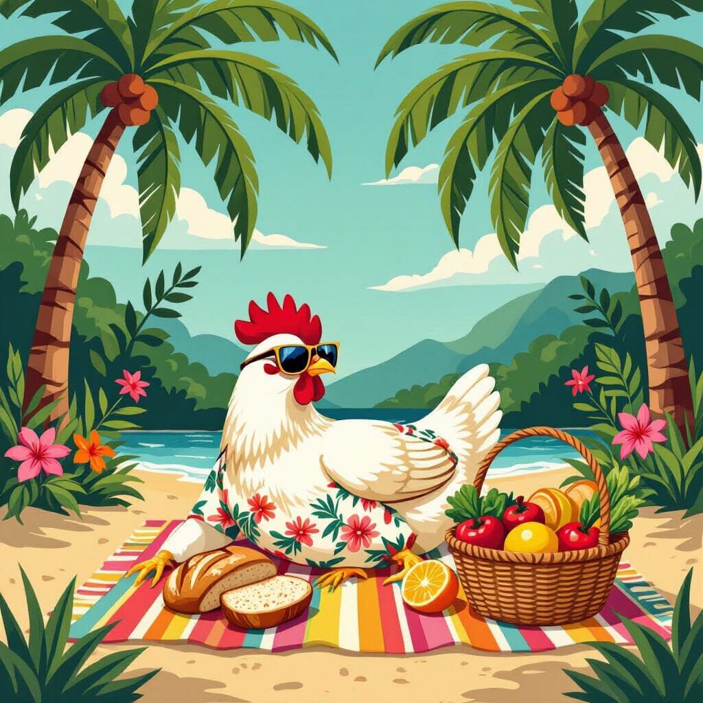 Chicken on Beach in Hawaiian Shirt, Illustration Art