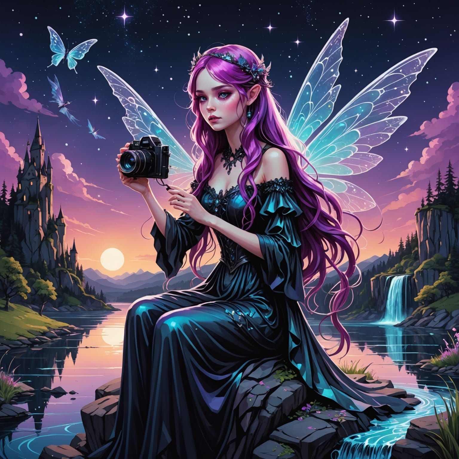 Gothic Fairy with Bioluminescent Wings in Steampunk Landscap...