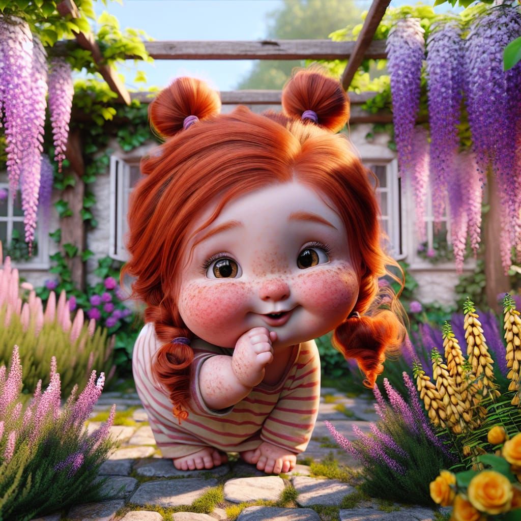 Happy Girl Plays Peek-A-Boo in Fantasy Garden