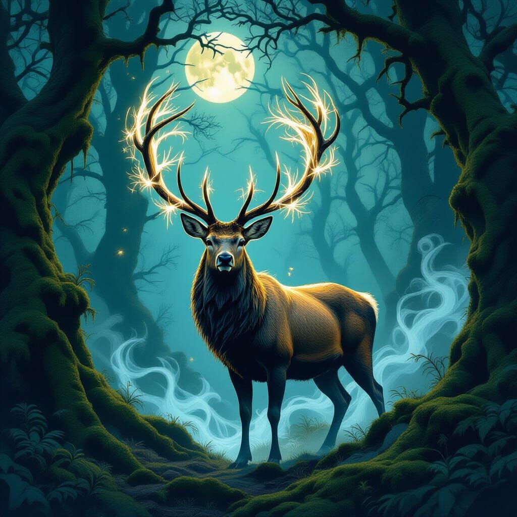 Majestic Stag With Fractal Antlers in Moonlit Forest