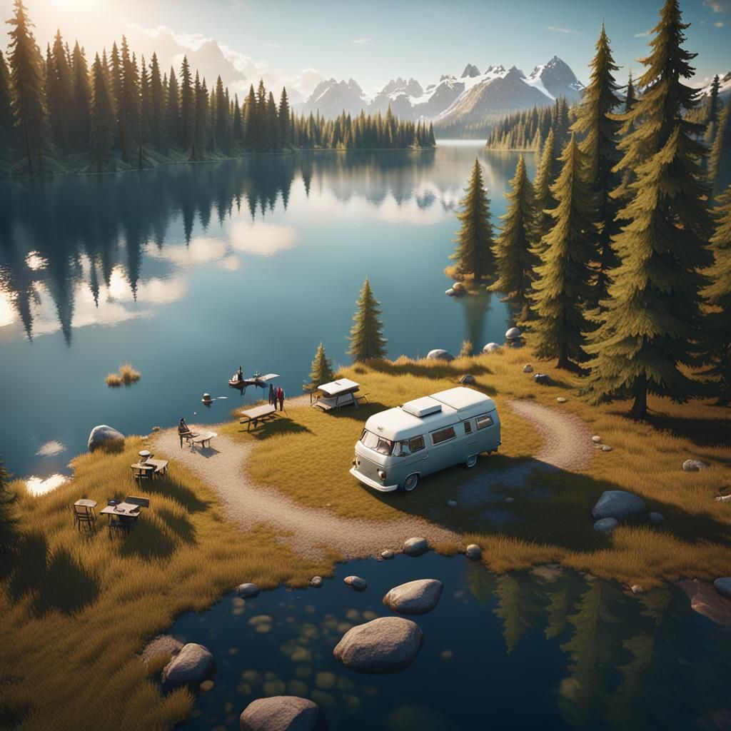 Camper Van at Serene Lake in 3D Game Style