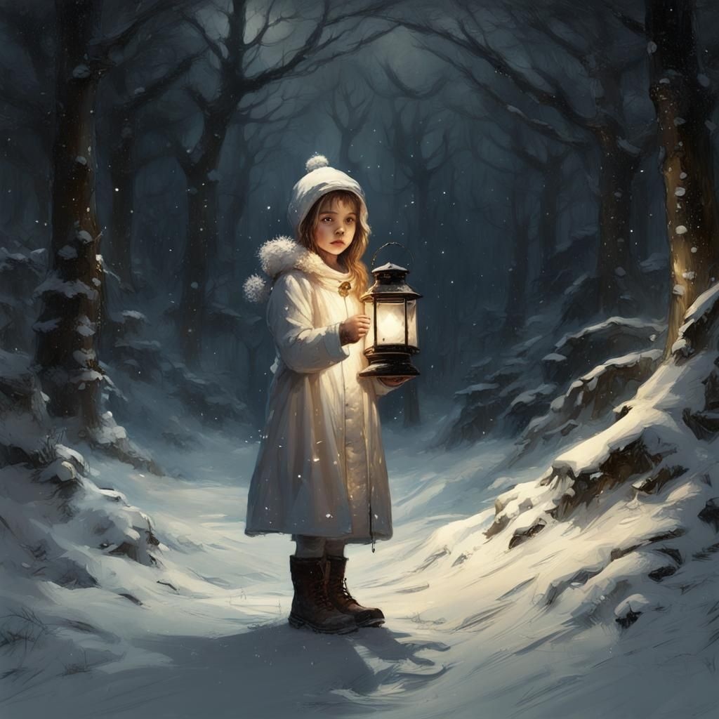 Girl with Lantern in Snowy Forest: Matte Painting