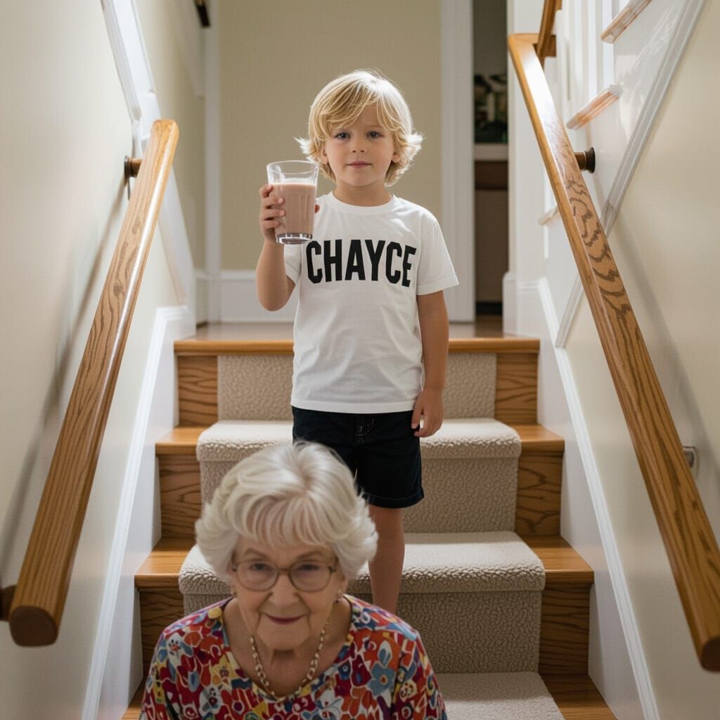 Boy with "CHAYCE" Shirt Holds Chocolate Milk at Top of Stair...