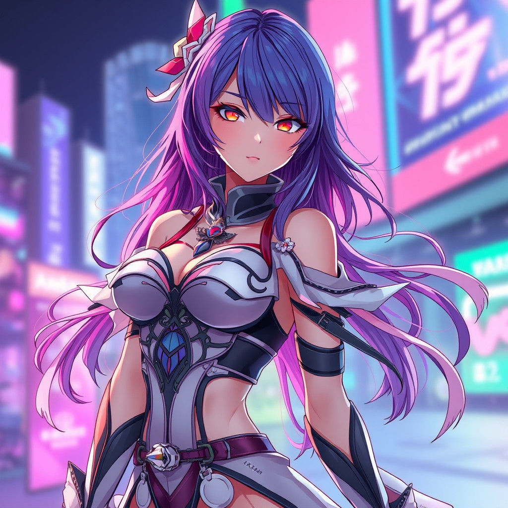 Anime Female Model in Futuristic Cityscape