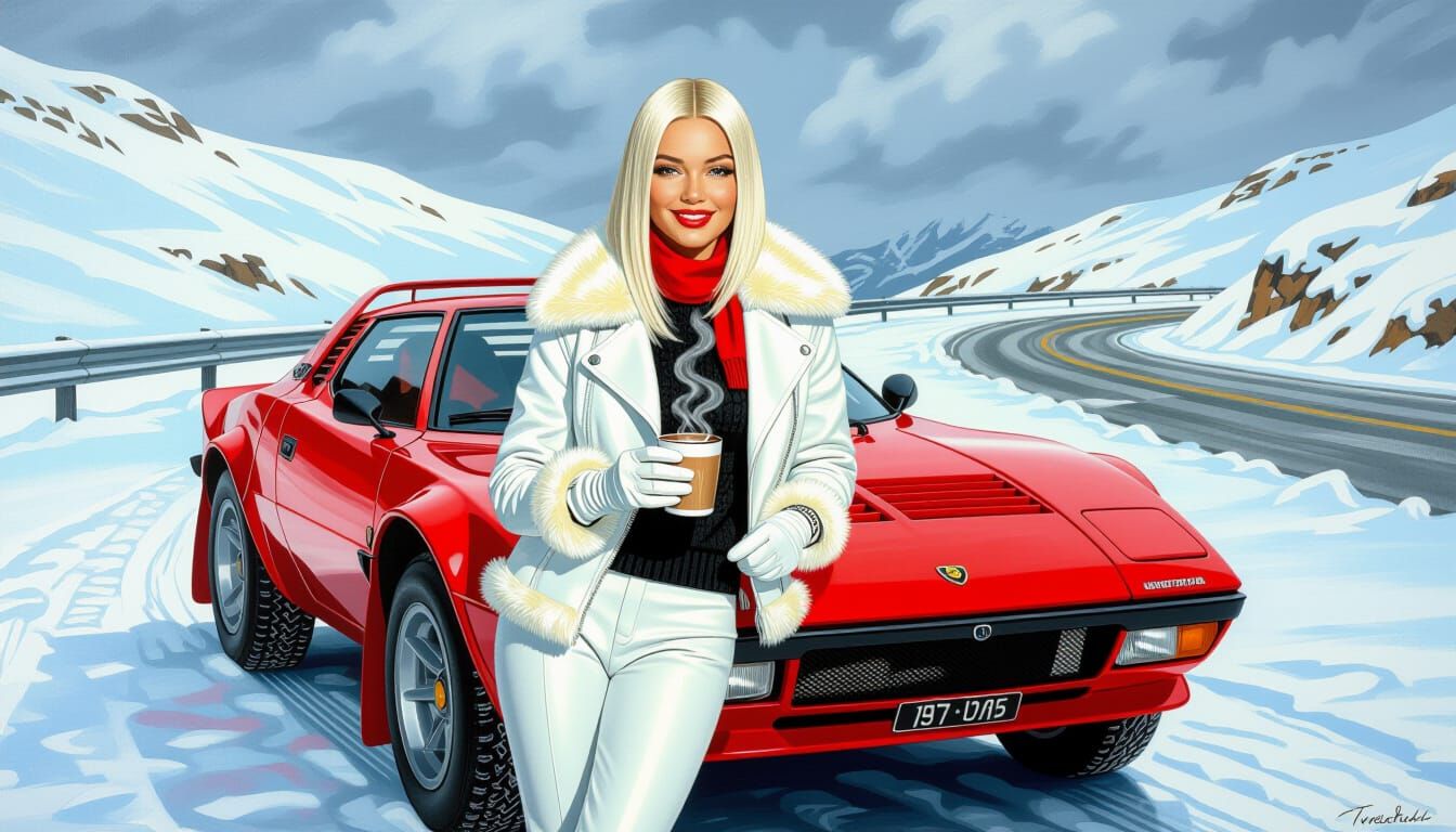 Woman in White Leather Jacket with Vintage Car