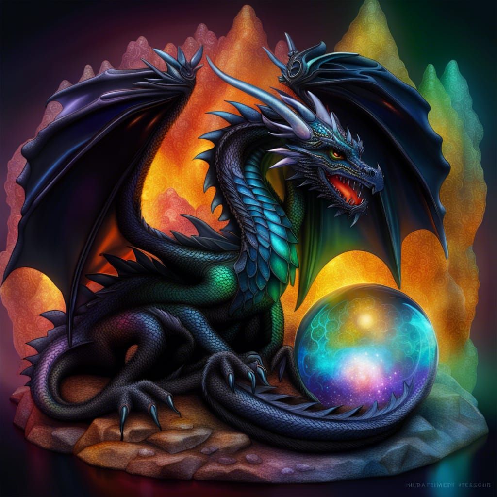 Iridescent Black Dragon Guarding Treasure
