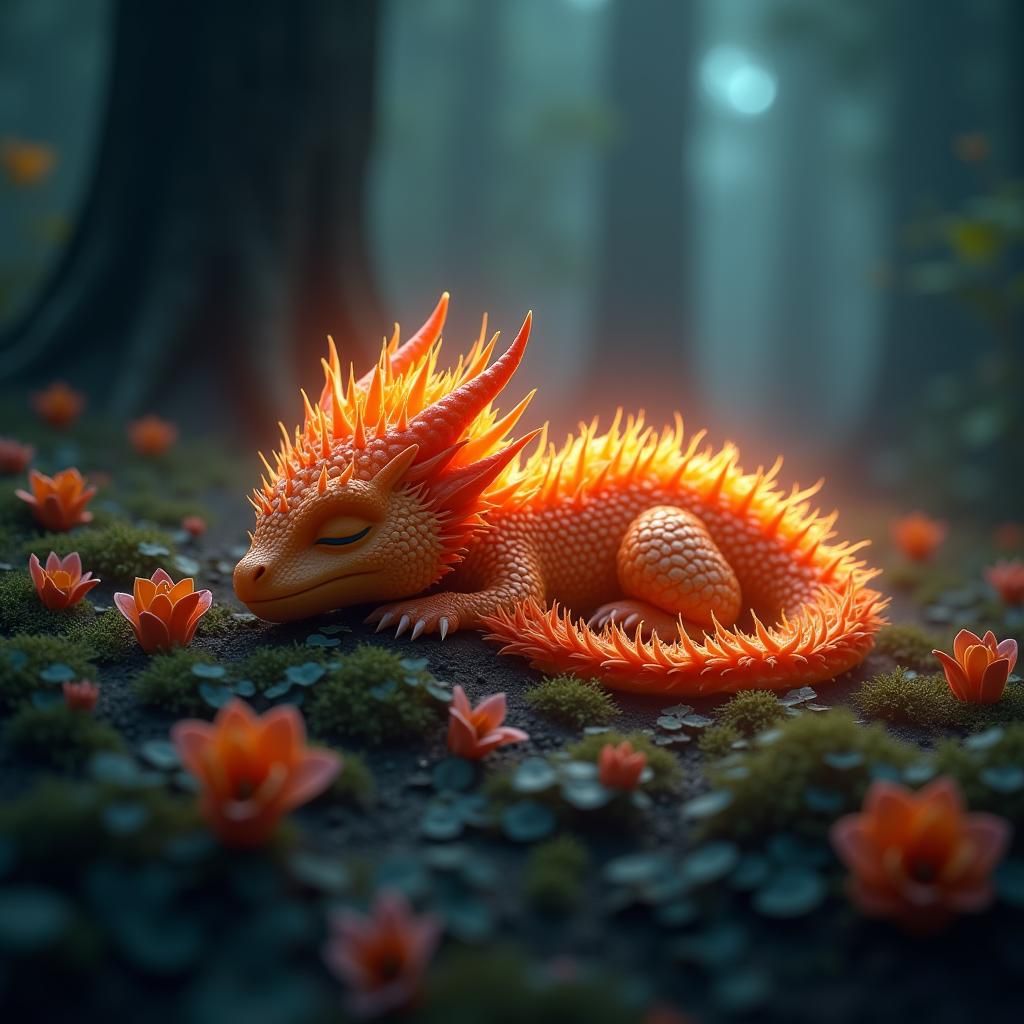 Neon Dragon Sleeps in Dark Floral Forest