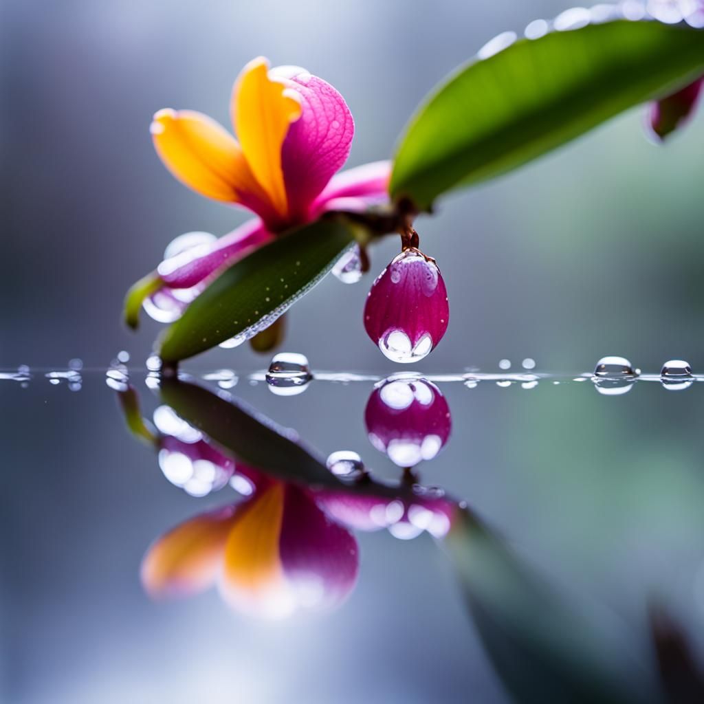 Cherry Branch and Cattleya Flower Reflected