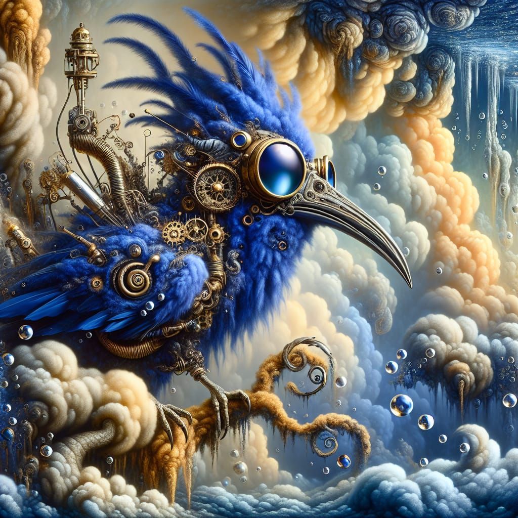 Surreal Steampunk Bird-Monster in Cobalt Blue Velvet