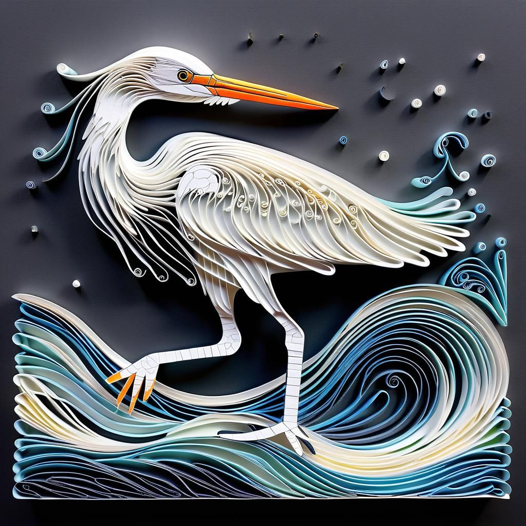 Paper Quilling Heron Sculpture with Geometric Details