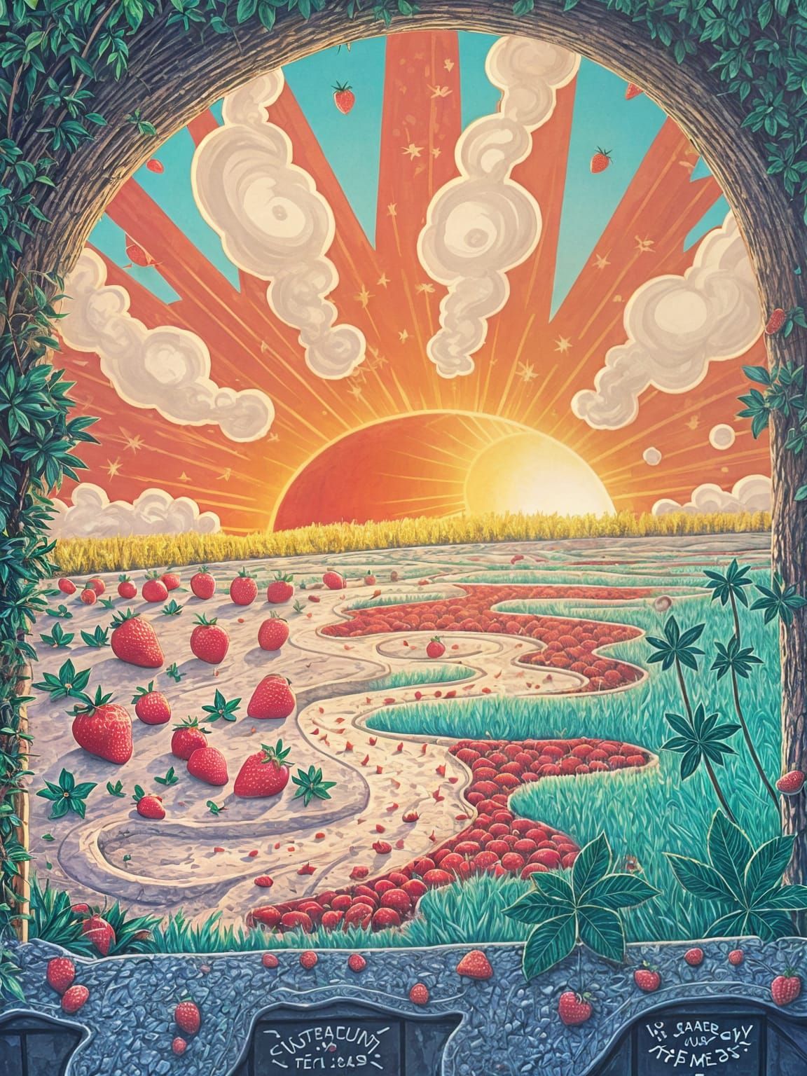 Whimsical Strawberry Field Illustration in Vibrant Colors