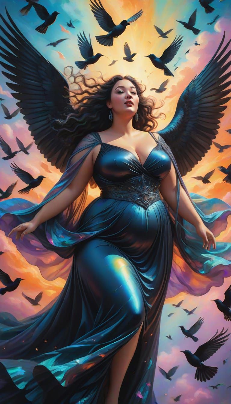 Black-Winged Goddess in Flight: Surreal Oil Painting