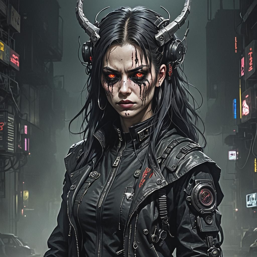 Cyberpunk Demon Woman in Dark Horror Style