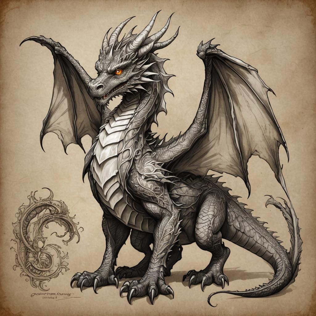 Monochrome Dragon Sketch on Parchment Paper