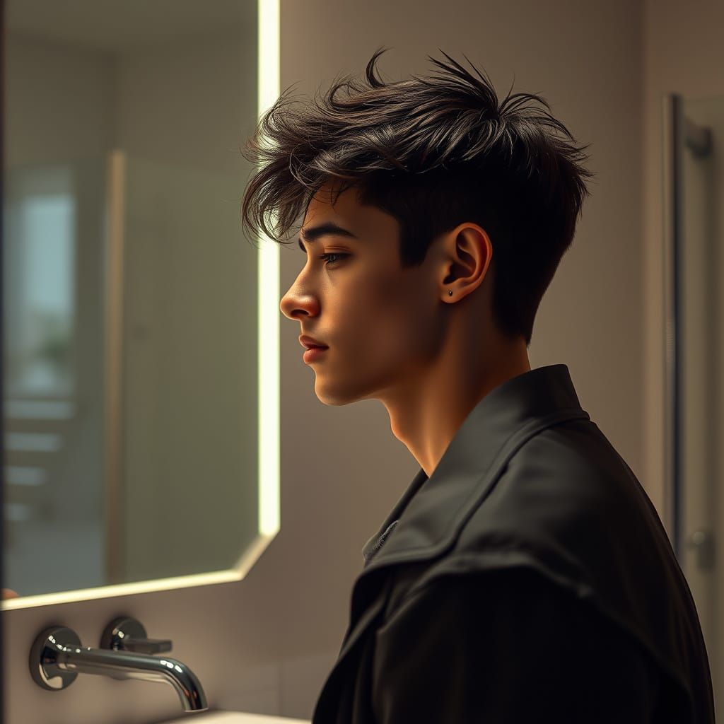 Young Man Mewing in Mirror with Lo-fi Visuals