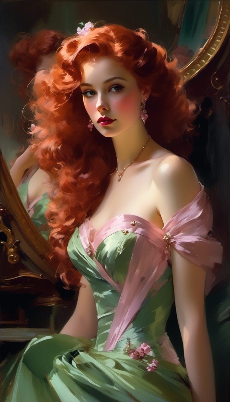 Elegant Redhead in 1950s Gown, Surreal Portrait