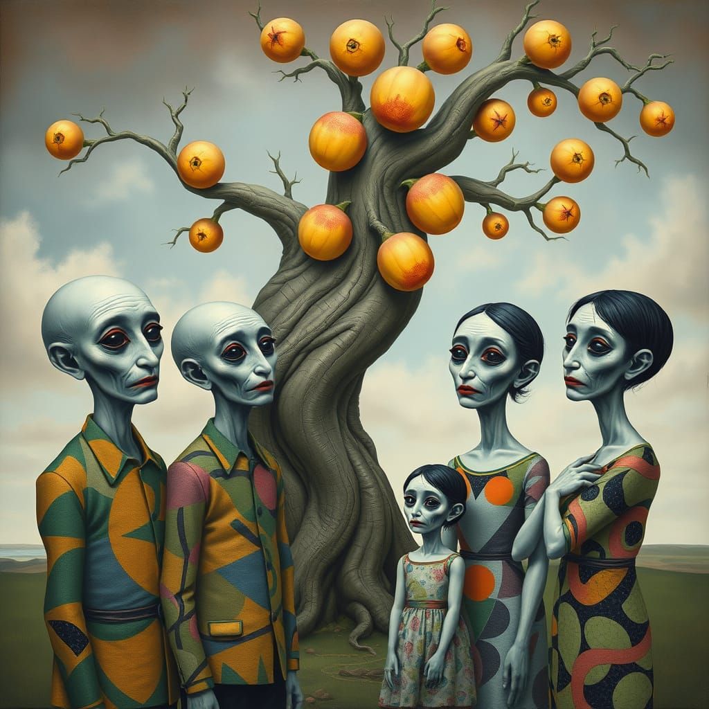Surreal Family Admires Twisted Tree with Glowing Fruits in A...
